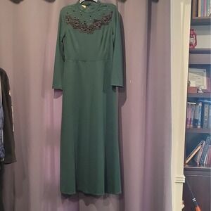 DURU Collection Women's Green Satin High Neck Beaded A-Line Long Dress 42